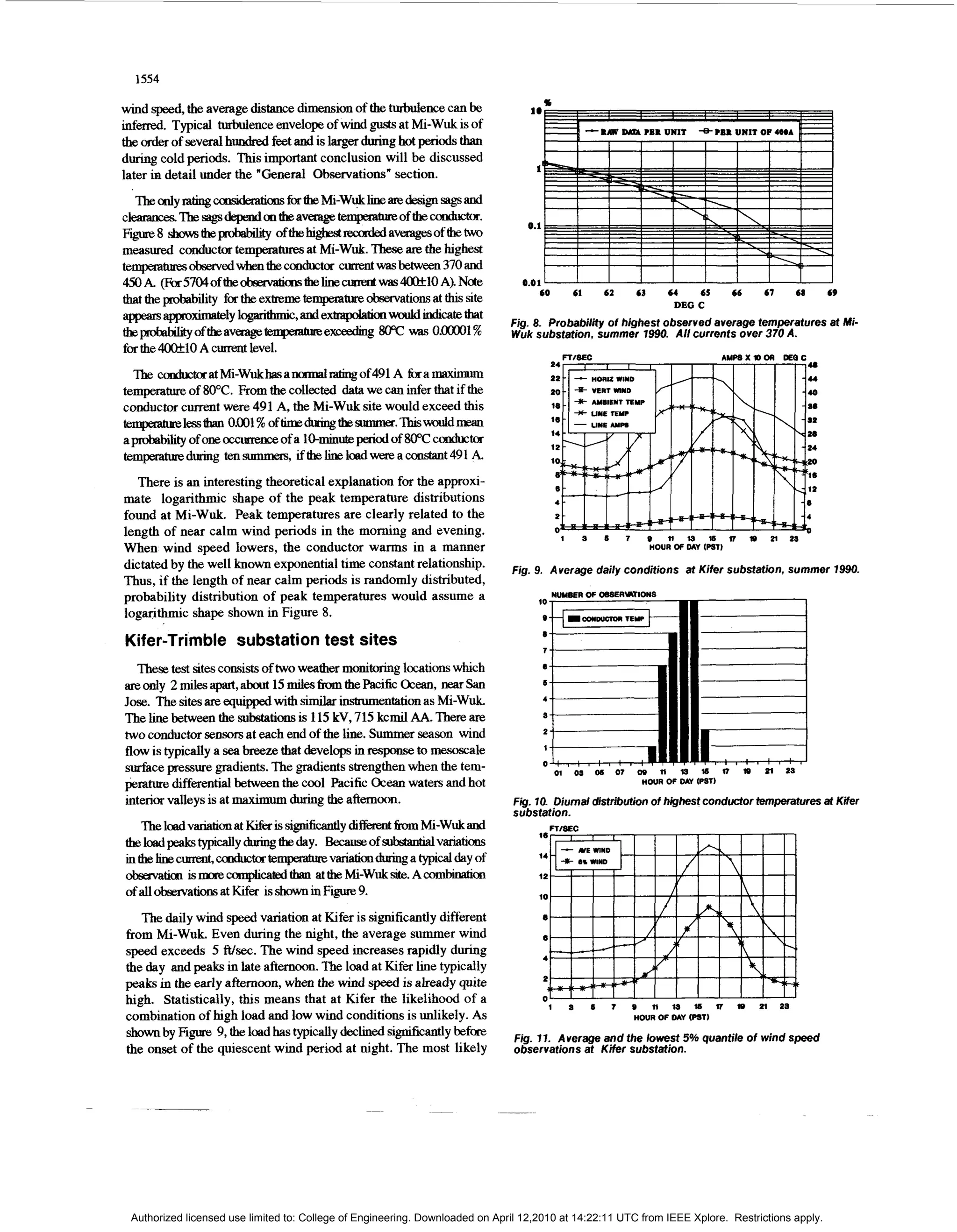 1554

wind speed,the average distance dimension of the turbulence can be
i n f e d . Typical turbulence envelope of wind gusts at Mi-Wuk is of
the order of several hundred feet and is larger during h t pen& than
                                                        o
during cold periods. This important conclusion will be discussed
                                                                                   1
later in detail under the “General Observations“ section.
   ‘ 1 2 1 e o n l y r a t i n g ~ c uforthe M-wuklinemdesignsagsand
                                          s
cleamwx ‘Ihe sagsdependon theaverage tempatme of the conductor.
                                                                                  m1
                                                                                   .
Figure8 ~ t f r z p r o b a h l l t t y
                                      ofthe~reoordedavadgesofthetwo
measured conductor tempemtures at Mi-Wuk. These are the lughest                                      I           I            I           I            I                                 I

tempemtmsobeetvedwhentheumductor               currentwasbetween370and                                           I            I           I            I
450k (l%r5704oftheob~m&aB thelinecunentwas4COklO A). Nde
                                        ’                                       0.01 .
                                                                                    60               61          62           63          64   65              66          67
                                                                                                                                                                                        T
                                                                                                                                                                                        68   69
tbat the probability fr the extreme teqxmtureohmvations a t i site
                        o                                     t hs                                                                         DEG C
appearsapppximatelylogan~c,dextzphan~lndicatethat
                                                                              Fig. 8. Probability of highest observed average temperatures at Mi-
tbpdabhtyoftheavemgetemp”exceechng 8ooc was O.ooOOl%                          Wuk substation, summer 7990. AN currents over 370 A.
for the e 1 0 A current level.
                                                                                             FTIOEC                                                        AUPBXlDOR               DEPC
  The cooductaratMi-Wukhasanomoalratingof491A f o r a m a x i “
temperature of 8OoC.From the collected data we can d e r that if the
conductor current were 491 A, the Mi-Wuk site would exceed this
temperaturelest€xm 0.001%oftimedunngthesurmner.’Ihtsdd~
a probability of one occmnce of a l@miuutepenod of 80°C conductor
temperatmeduring tensummas, ifthelineloadwereaccmtant491A
   There is an interesting theoretical explanation for the approxi-
mate logarithmic shape of the peak temperature distributions
found at Mi-Wuk. Peak temperatures are clearly related to the
length of near calm wind periods in the morning and evening.                                 i       s      6        7    m         n   m    m    n            o       n       2     a
When wind speed lowers, the conductor warms in a manner                                                                            HOUR Of M Y (BT)

dictated by the well known exponential time constant relationship.            Fig. 9. Average daily conditions at Kifer substation, summer 7990.
Thus, if the length of near calm periods is randomly distributed,
probability distribution of peak temperatures would assume a                            NUUEER of OBSERUTIONS




                                                                                                                                                                               1
                                                                                    10 -,
logarithmic shape shown in Figure 8.                                                0-           IamWucrorrTEUP


Kifer-Trimble substation test sites                                                 I)--

                                                                                    7   -.
   These test sites consists of two weather monifofing locations which
areonly 2rmlesapa1t,aboutl5rmlesfiromthePacificOcean,         nearSan
Jose. The sites are equippedwith similar instrumentation as Mi-Wuk.
The h e between the substationsis 115 kV, 715 kcmil AA. There are
two conductor sensorsat each end of the l n .Summer season wind
                                             ie
flow is typically a sea breeze that develops in response to mesoscale
surface pressure gradients. The gradients strengthen when the tem-                  I))!         ,    ! ,   :    , ; ,         :
                                                                                            01       09     os       07       om      n    I   m           n       m       m       2s
perature differentialbetween the cool Pacific Oceanwaters and hot                                                             HOUR Of M Y (P8T)

interior valleys is at maximum dunng the afternoon.                           Fig. 70. Diumd distribution of highest conductor temperatures at Kifer
                                                                              substation.
   ThelaadvariatonatKiferissi~fi~ydi~6omMi-Wukand                                       FTISEC
theloadpeakstpcally chnmgtheday. Because of s & l       & ” Variations
~ t h e ~ c ~ c t e ~ v ~ ~ ~ a                                                     ~
                                                                                    1            i          ~         d           a       y        o       f
obsematim i s n x n e c a n p h d t b m a t t h e M i - W u k s h e . Aon
                                                                        ~           1

of all observationsat Kifex is shownin Figure 9.                                    1

   The daily wind speed variation at Kifer is significantly different
from Mi-Wuk. Even during the night, the average summer wind
speed exceeds 5 ft/sec. The wind speed increases rapidly during
the day and peaks m late afternoon. The load at %fer h e typically
peaks in the early afternoon, when the wind speed is already quite
high. Statistically, this means that at %fer the likellhood of a                        I        s        I       7       m  n U 16                        n   a       P(       9s
combination of h g h load and low wind conditions is unlikely. As                                                         HOUR Of M Y ( 1
                                                                                                                                       -)
shown by figure 9, the load has typically declined significantly before       Fig. 7 7 . Average and the lowest 5% quantile of wind speed
the onset of the quiescent wind period at night. The most likely              observations at Kifer substation.




 Authorized licensed use limited to: College of Engineering. Downloaded on April 12,2010 at 14:22:11 UTC from IEEE Xplore. Restrictions apply.
 