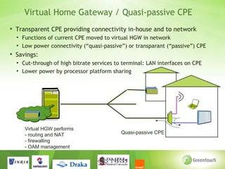 Virtual Home Gateway / Quasi-passive CPE
 Transparent CPE providing connectivity in-house and to network
  • Functions of current CPE moved to virtual HGW in network
  • Low power connectivity (“quasi-passive”) or transparant (“passive”) CPE
 Savings:
  • Cut-through of high bitrate services to terminal: LAN interfaces on CPE
  • Lower power by processor platform sharing




     Virtual HGW performs
     - routing and NAT                     Quasi-passive CPE
     - firewalling
     - OAM management
 