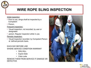WIRE ROPE SLING INSPECTION
Initial inspection:
• Prior to use, slings shall be inspected by a
  Competent
• Person.
Frequent inspection:
• Visual inspection, not recorded, by user or
   designated
• person. Regular inspection while in use.
Periodic inspection:
• Visual inspection recorded, by Competent Person
   at defined periodic basis.

EACH DAY BEFORE USE
WHERE SERVICE CONDITION WARRANT
        • SWL/WLL
        • Expire Date
        • Color code
REMOVE THEM FROM SERVICE IF DAMAGE OR
DEFECTIVE
 