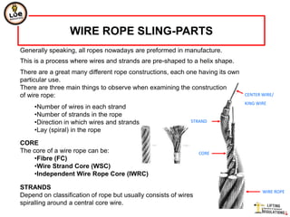 WIRE ROPE SLING-PARTS
Generally speaking, all ropes nowadays are preformed in manufacture.
This is a process where wires and strands are pre-shaped to a helix shape.
There are a great many different rope constructions, each one having its own
particular use.
There are three main things to observe when examining the construction
of wire rope:                                                                  CENTER WIRE/
                                                                               KING WIRE
     •Number of wires in each strand
     •Number of strands in the rope
     •Direction in which wires and strands                   STRAND
     •Lay (spiral) in the rope

CORE
The core of a wire rope can be:                                  CORE
     •Fibre (FC)
     •Wire Strand Core (WSC)
     •Independent Wire Rope Core (IWRC)

STRANDS
                                                                                      WIRE ROPE
Depend on classification of rope but usually consists of wires
spiralling around a central core wire.
 