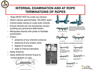 INTERNAL EXAMINATION AND AT ROPE
             TERMINATIONS OF ROPES
– Rope MUST NOT be under any tension
– Attach clamps approximately 100-200m apart
– Contra-rotate clamps to unlay outer strands
– Ensure strands are not excessively moved -
  avoiding any permanent deformation
– Manipulate strands with probe to facilitate
  examination
– Check -
     presence of any interwire pressure
     presence of any broken wires              Proper Method of Installing Cable Clips

     degree of corrosion
     state of internal lubrication
– Apply dressing
– Apply additional reverse torque to
   re-bed strands on core
 
