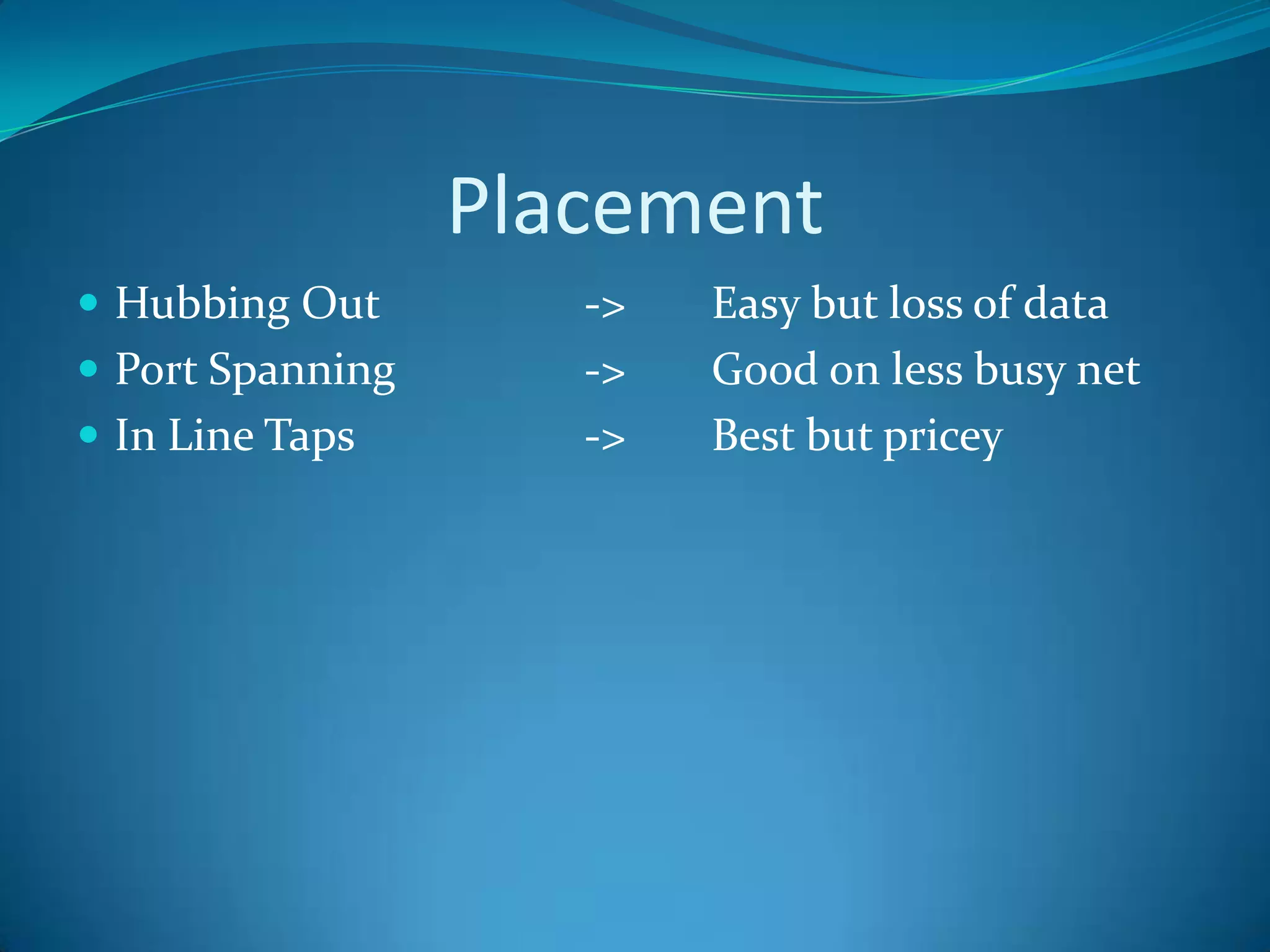 Placement
 Hubbing Out        ->   Easy but loss of data
 Port Spanning      ->   Good on less busy net
 In Line Taps       ->   Best but pricey
 