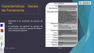 Características
da Ferramenta

Gerais



Wireshark é um analisador de pacotes de
rede.



O analisador irá capturar os pacotes de
rede e tentar mostrar o pacote de dados o
mais detalhado possível.

TIIGR - Iolanda Alfaiate

26-02-2014

2

 