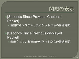 [Seconds Since Previous Captured 
Packet] 
• 直前にキャプチャしたパケットからの経過時間 
 [Seconds Since Previous displayed 
Packet] 
• 表示されて...