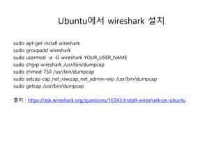 Ubuntu에서 wireshark 설치
sudo apt-get install wireshark
sudo groupadd wireshark
sudo usermod -a -G wireshark YOUR_USER_NAME
sudo chgrp wireshark /usr/bin/dumpcap
sudo chmod 750 /usr/bin/dumpcap
sudo setcap cap_net_raw,cap_net_admin=eip /usr/bin/dumpcap
sudo getcap /usr/bin/dumpcap
출처 : https://ask.wireshark.org/questions/16343/install-wireshark-on-ubuntu
 