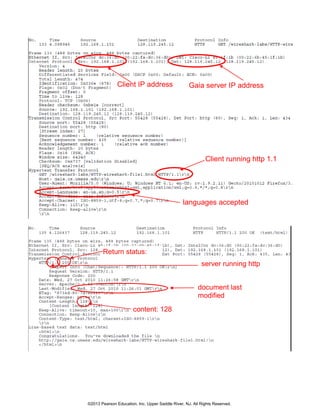 Client running http 1.1
Client IP address Gaia server IP address
languages accepted
server running http
1.1
document last
modified
on this date
Return status:
200
content: 128
bytes
©2013 Pearson Education, Inc. Upper Saddle River, NJ. All Rights Reserved.
 