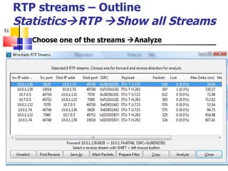 RTP streams – Outline   Statistics  RTP   Show all Streams Choose one of the streams   Analyze 