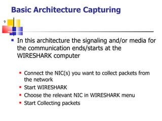 Basic Architecture Capturing In this architecture the signaling and/or media for the communication ends/starts at the WIRESHARK computer Connect the NIC(s) you want to collect packets from the network Start WIRESHARK Choose the relevant NIC in WIRESHARK menu Start Collecting packets 