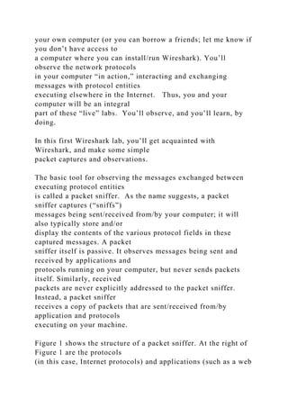 your own computer (or you can borrow a friends; let me know if
you don’t have access to
a computer where you can install/run Wireshark). You’ll
observe the network protocols
in your computer “in action,” interacting and exchanging
messages with protocol entities
executing elsewhere in the Internet. Thus, you and your
computer will be an integral
part of these “live” labs. You’ll observe, and you’ll learn, by
doing.
In this first Wireshark lab, you’ll get acquainted with
Wireshark, and make some simple
packet captures and observations.
The basic tool for observing the messages exchanged between
executing protocol entities
is called a packet sniffer. As the name suggests, a packet
sniffer captures (“sniffs”)
messages being sent/received from/by your computer; it will
also typically store and/or
display the contents of the various protocol fields in these
captured messages. A packet
sniffer itself is passive. It observes messages being sent and
received by applications and
protocols running on your computer, but never sends packets
itself. Similarly, received
packets are never explicitly addressed to the packet sniffer.
Instead, a packet sniffer
receives a copy of packets that are sent/received from/by
application and protocols
executing on your machine.
Figure 1 shows the structure of a packet sniffer. At the right of
Figure 1 are the protocols
(in this case, Internet protocols) and applications (such as a web
 