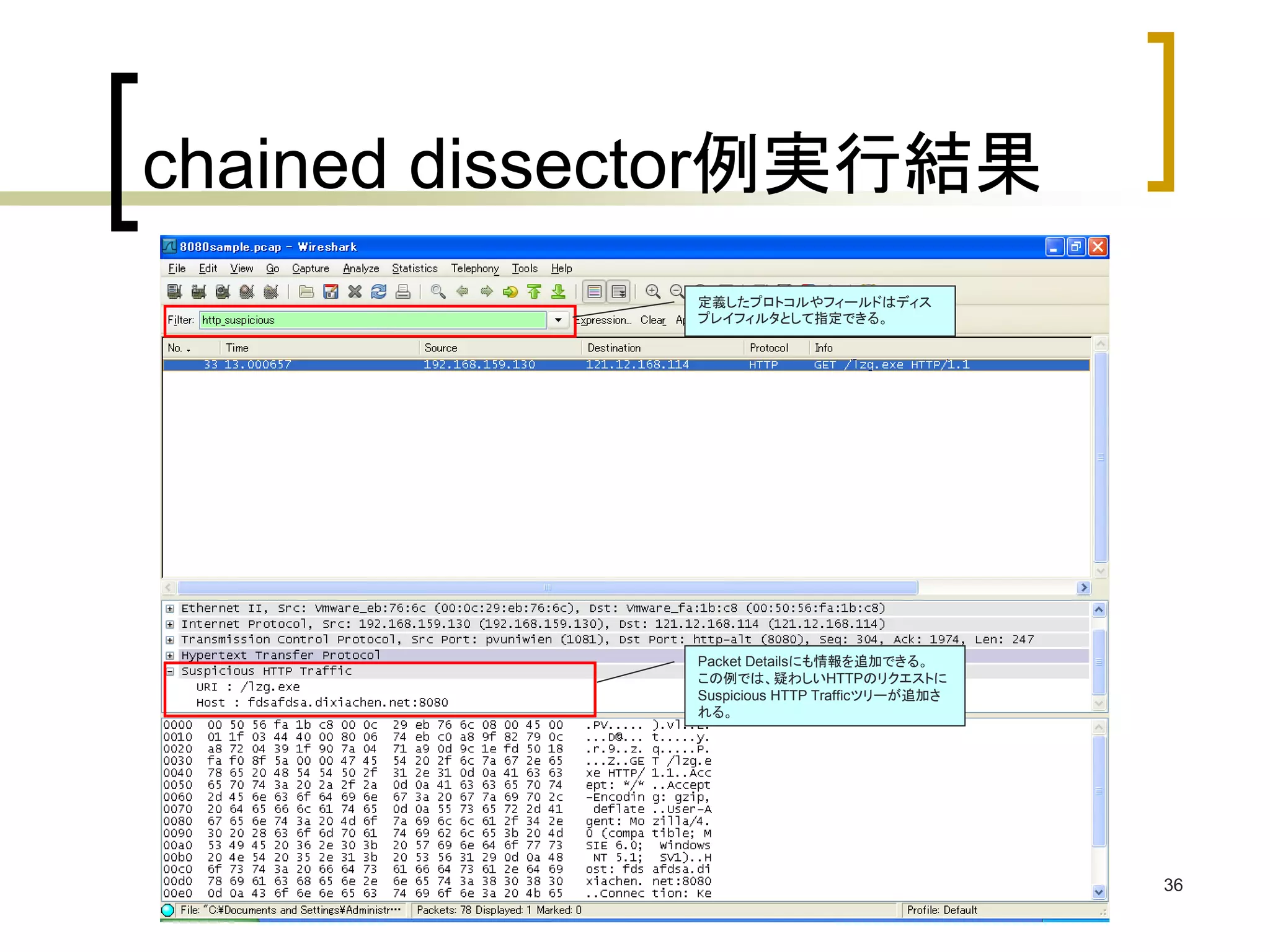 36 
chained dissector例実行結果 
定義したプロトコルやフィールドはディス 
プレイフィルタとして指定できる。 
Packet Detailsにも情報を追加できる。 
この例では、疑わしいHTTPのリクエストに 
Suspicious HTTP Trafficツリーが追加さ 
れる。 
 
