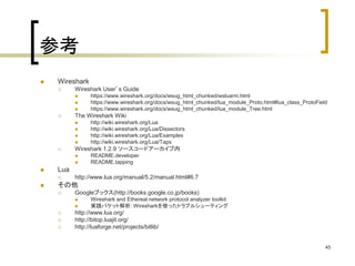 45 
参考 
 Wireshark 
 Wireshark User’s Guide 
 https://www.wireshark.org/docs/wsug_html_chunked/wsluarm.html 
 https://www.wireshark.org/docs/wsug_html_chunked/lua_module_Proto.html#lua_class_ProtoField 
 https://www.wireshark.org/docs/wsug_html_chunked/lua_module_Tree.html 
 The Wireshark Wiki 
 http://wiki.wireshark.org/Lua 
 http://wiki.wireshark.org/Lua/Dissectors 
 http://wiki.wireshark.org/Lua/Examples 
 http://wiki.wireshark.org/Lua/Taps 
 Wireshark 1.2.9 ソースコードアーカイブ内 
 README.developer 
 README.tapping 
 Lua 
 http://www.lua.org/manual/5.2/manual.html#6.7 
 その他 
 Googleブックス(http://books.google.co.jp/books) 
 Wireshark and Ethereal network protocol analyzer toolkit 
 実践パケット解析: Wiresharkを使ったトラブルシューティング 
 http://www.lua.org/ 
 http://bitop.luajit.org/ 
 http://luaforge.net/projects/bitlib/ 
 