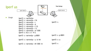 Iperf usage
 Usage
iperf3 –s
Iperf3 –c <serverIp>
Iperf3 –c <serverIp> -f K
Iperf3 –c <serverIp> -r
Iperf3 –c <serverIp> ...