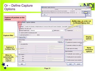 Or – Define Capture Options Buffer size – in order not to fill your laptop disk Capture all packets on the network Capture filter Capture in multiple files When to automatically stop the capture Display options Name resolution options 