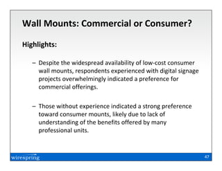 Wall Mounts: Commercial or Consumer?

Highlights:

   – Despite the widespread availability of low-cost consumer
     wall mounts, respondents experienced with digital signage
     projects overwhelmingly indicated a preference for
     commercial offerings.

   – Those without experience indicated a strong preference
     toward consumer mounts, likely due to lack of
     understanding of the benefits offered by many
     professional units.


                                                                 47
 