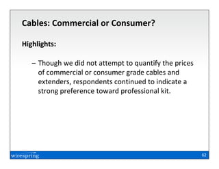 Cables: Commercial or Consumer?

Highlights:

   – Though we did not attempt to quantify the prices
     of commercial or consumer grade cables and
     extenders, respondents continued to indicate a
     strong preference toward professional kit.




                                                        62
 