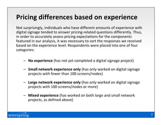 Pricing differences based on experience
Not surprisingly, individuals who have different amounts of experience with
digital signage tended to answer pricing-related questions differently. Thus,
in order to accurately assess pricing expectations for the components
featured in our analysis, it was necessary to sort the responses we received
based on the experience level. Respondents were placed into one of four
categories:

    – No experience (has not yet completed a digital signage project)

    – Small network experience only (has only worked on digital signage
      projects with fewer than 100 screens/nodes)

    – Large network experience only (has only worked on digital signage
      projects with 100 screens/nodes or more)

    – Mixed experience (has worked on both large and small network
      projects, as defined above)


                                                                                7
 