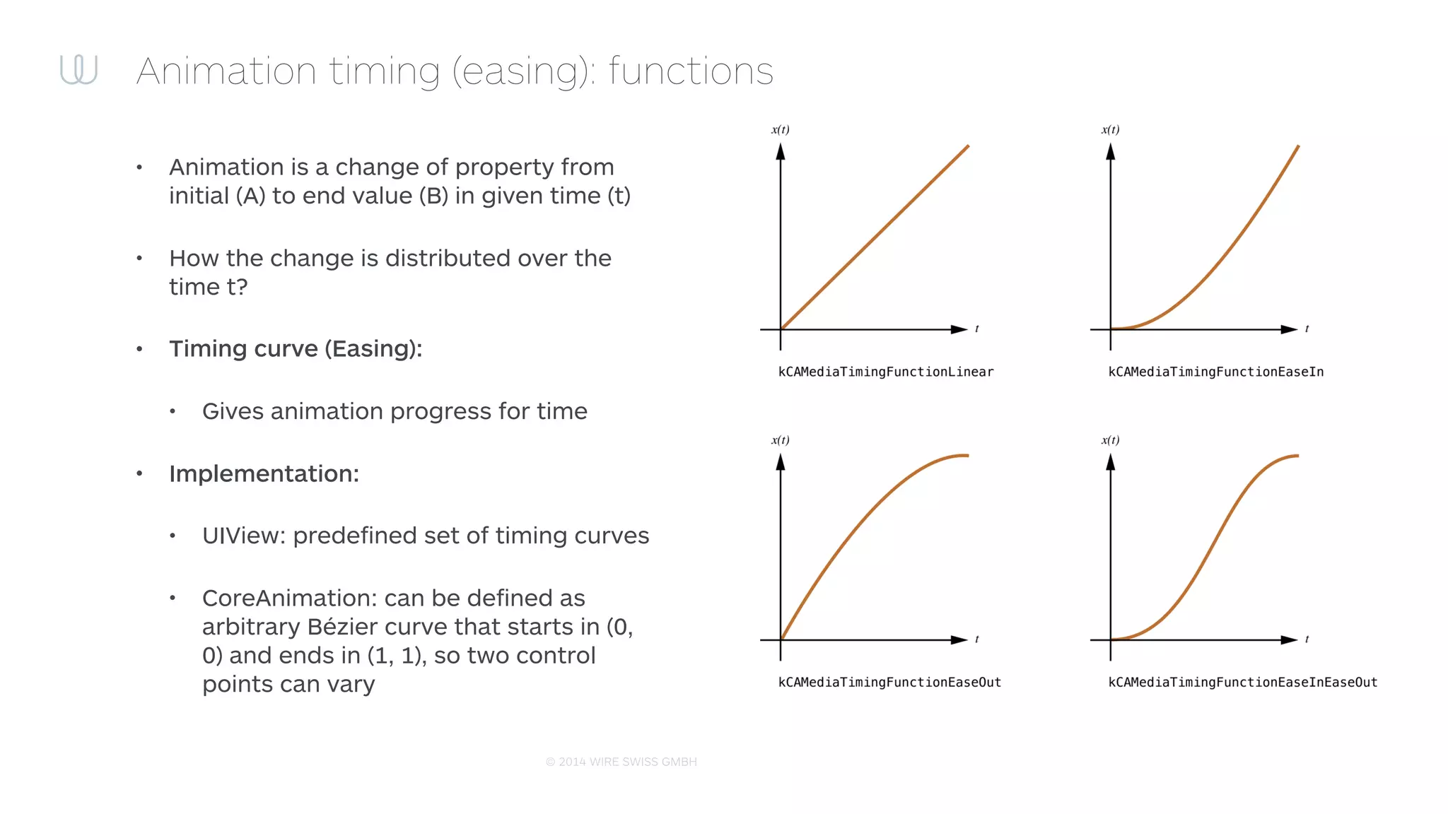 © 2014 WIRE SWISS GMBH
Animation timing (easing): functions
• Animation is a change of property from
initial (A) to end value (B) in given time (t)
• How the change is distributed over the
time t?
• Timing curve (Easing):
• Gives animation progress for time
• Implementation:
• UIView: predeﬁned set of timing curves
• CoreAnimation: can be deﬁned as
arbitrary Bézier curve that starts in (0,
0) and ends in (1, 1), so two control
points can vary
 