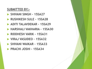 SUBMITTED BY:-
 SHIVANI SINGH – 15SA27
 RUSHIKESH SULE – 15SA28
 ADITI TALAVDEKAR – 15SA29
 HARSHALI VAKHARIA – 15SA30
 RIDDHESH VARIK – 15SA31
 VIRAJ VASUDEO – 15SA32
 SHIVANI WAIKAR – 15SA33
 PRACHI JOSHI – 15SA34
 