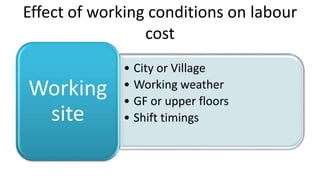Effect of working conditions on labour
cost
• City or Village
• Working weather
• GF or upper floors
• Shift timings
Working
site
 