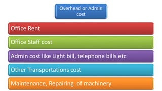 Overhead or Admin
cost
Office Rent
Office Staff cost
Admin cost like Light bill, telephone bills etc
Other Transportations cost
Maintenance, Repairing of machinery
 