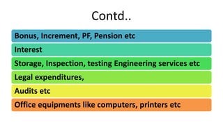 Contd..
Bonus, Increment, PF, Pension etc
Interest
Storage, Inspection, testing Engineering services etc
Legal expenditures,
Audits etc
Office equipments like computers, printers etc
 
