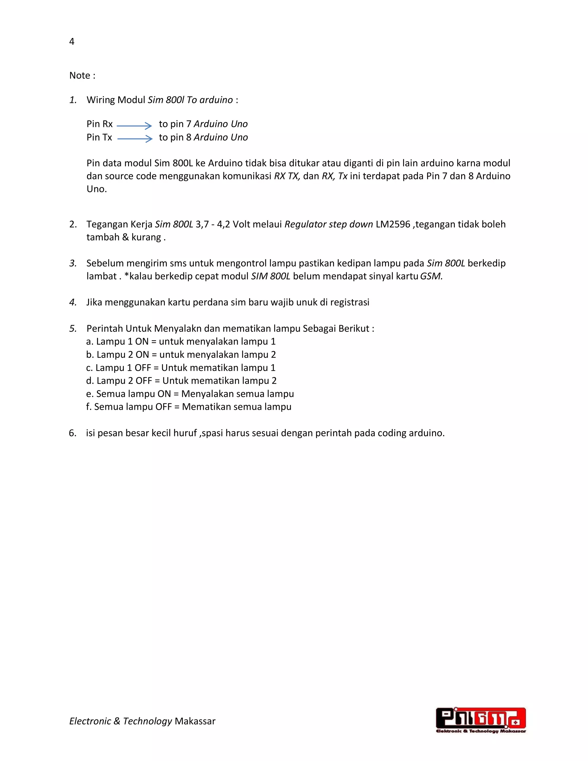 Wiring modul kontrol lampu via sms main control arduino uno | PDF