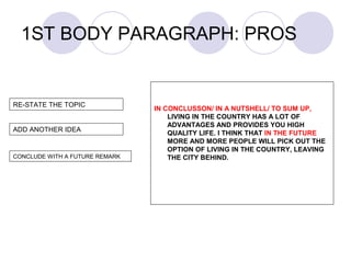 1ST BODY PARAGRAPH: PROS 
IN CONCLUSSON/ IN A NUTSHELL/ TO SUM UP, 
LIVING IN THE COUNTRY HAS A LOT OF 
ADVANTAGES AND PROVIDES YOU HIGH 
QUALITY LIFE. I THINK THAT IN THE FUTURE 
MORE AND MORE PEOPLE WILL PICK OUT THE 
OPTION OF LIVING IN THE COUNTRY, LEAVING 
THE CITY BEHIND. 
RE-STATE THE TOPIC 
ADD ANOTHER IDEA 
CONCLUDE WITH A FUTURE REMARK 
 
