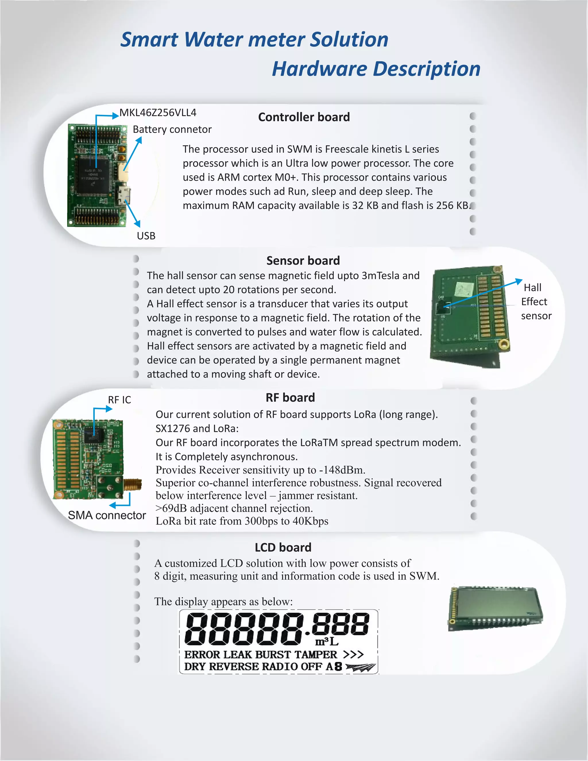 Smart Water meter Solution
Hardware Description
Controller board
The processor used in SWM is Freescale kinetis L series
processor which is an Ultra low power processor. The core
used is ARM cortex M0+. This processor contains various
power modes such ad Run, sleep and deep sleep. The
maximum RAM capacity available is 32 KB and flash is 256 KB.
Sensor board
The hall sensor can sense magnetic field upto 3mTesla and
can detect upto 20 rotations per second.
A Hall effect sensor is a transducer that varies its output
voltage in response to a magnetic field. The rotation of the
magnet is converted to pulses and water flow is calculated.
Hall effect sensors are activated by a magnetic field and
device can be operated by a single permanent magnet
attached to a moving shaft or device.
RF board
Our current solution of RF board supports LoRa (long range).
SX1276 and LoRa:
Our RF board incorporates the LoRaTM spread spectrum modem.
It is Completely asynchronous.
Provides Receiver sensitivity up to -148dBm.
Superior co-channel interference robustness. Signal recovered
below interference level – jammer resistant.
>69dB adjacent channel rejection.
LoRa bit rate from 300bps to 40Kbps
LCD board
A customized LCD solution with low power consists of
8 digit, measuring unit and information code is used in SWM.
The display appears as below:
SMA connector
RF IC
Hall
Effect
sensor
MKL46Z256VLL4
USB
Battery connetor
 