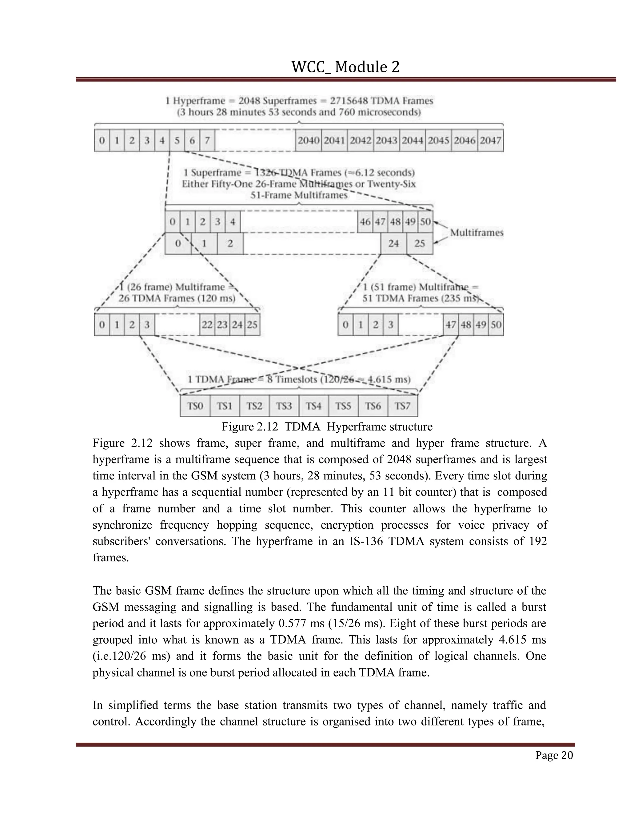 WCC_ Module 2
Page 20
Figure 2.12 TDMA Hyperframe structure
Figure 2.12 shows frame, super frame, and multiframe and hyper frame structure. A
hyperframe is a multiframe sequence that is composed of 2048 superframes and is largest
time interval in the GSM system (3 hours, 28 minutes, 53 seconds). Every time slot during
a hyperframe has a sequential number (represented by an 11 bit counter) that is composed
of a frame number and a time slot number. This counter allows the hyperframe to
synchronize frequency hopping sequence, encryption processes for voice privacy of
subscribers' conversations. The hyperframe in an IS-136 TDMA system consists of 192
frames.
The basic GSM frame defines the structure upon which all the timing and structure of the
GSM messaging and signalling is based. The fundamental unit of time is called a burst
period and it lasts for approximately 0.577 ms (15/26 ms). Eight of these burst periods are
grouped into what is known as a TDMA frame. This lasts for approximately 4.615 ms
(i.e.120/26 ms) and it forms the basic unit for the definition of logical channels. One
physical channel is one burst period allocated in each TDMA frame.
In simplified terms the base station transmits two types of channel, namely traffic and
control. Accordingly the channel structure is organised into two different types of frame,
 