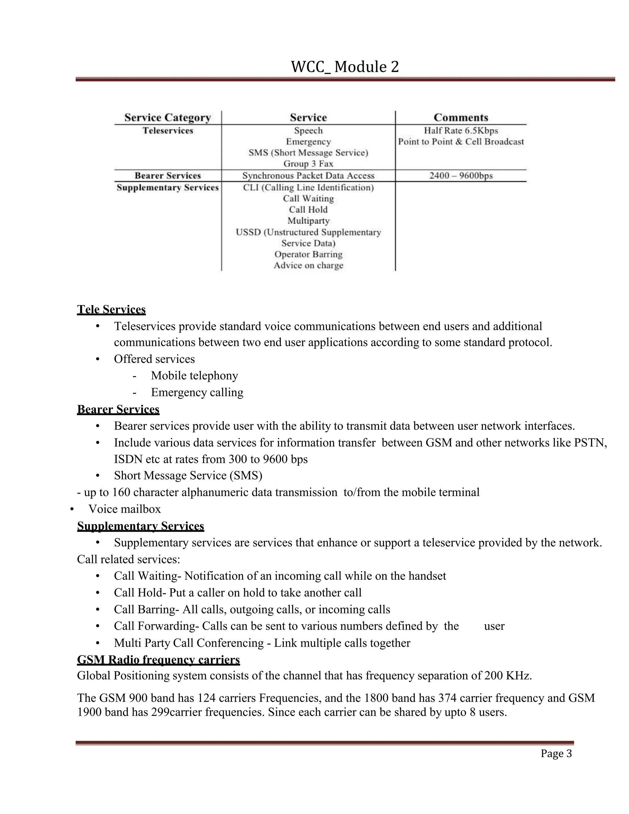 WCC_ Module 2
Page 3
Tele Services
• Teleservices provide standard voice communications between end users and additional
communications between two end user applications according to some standard protocol.
• Offered services
- Mobile telephony
- Emergency calling
Bearer Services
• Bearer services provide user with the ability to transmit data between user network interfaces.
• Include various data services for information transfer between GSM and other networks like PSTN,
ISDN etc at rates from 300 to 9600 bps
• Short Message Service (SMS)
- up to 160 character alphanumeric data transmission to/from the mobile terminal
• Voice mailbox
Supplementary Services
• Supplementary services are services that enhance or support a teleservice provided by the network.
Call related services:
• Call Waiting- Notification of an incoming call while on the handset
• Call Hold- Put a caller on hold to take another call
• Call Barring- All calls, outgoing calls, or incoming calls
• Call Forwarding- Calls can be sent to various numbers defined by the user
• Multi Party Call Conferencing - Link multiple calls together
GSM Radio frequency carriers
Global Positioning system consists of the channel that has frequency separation of 200 KHz.
The GSM 900 band has 124 carriers Frequencies, and the 1800 band has 374 carrier frequency and GSM
1900 band has 299carrier frequencies. Since each carrier can be shared by upto 8 users.
 