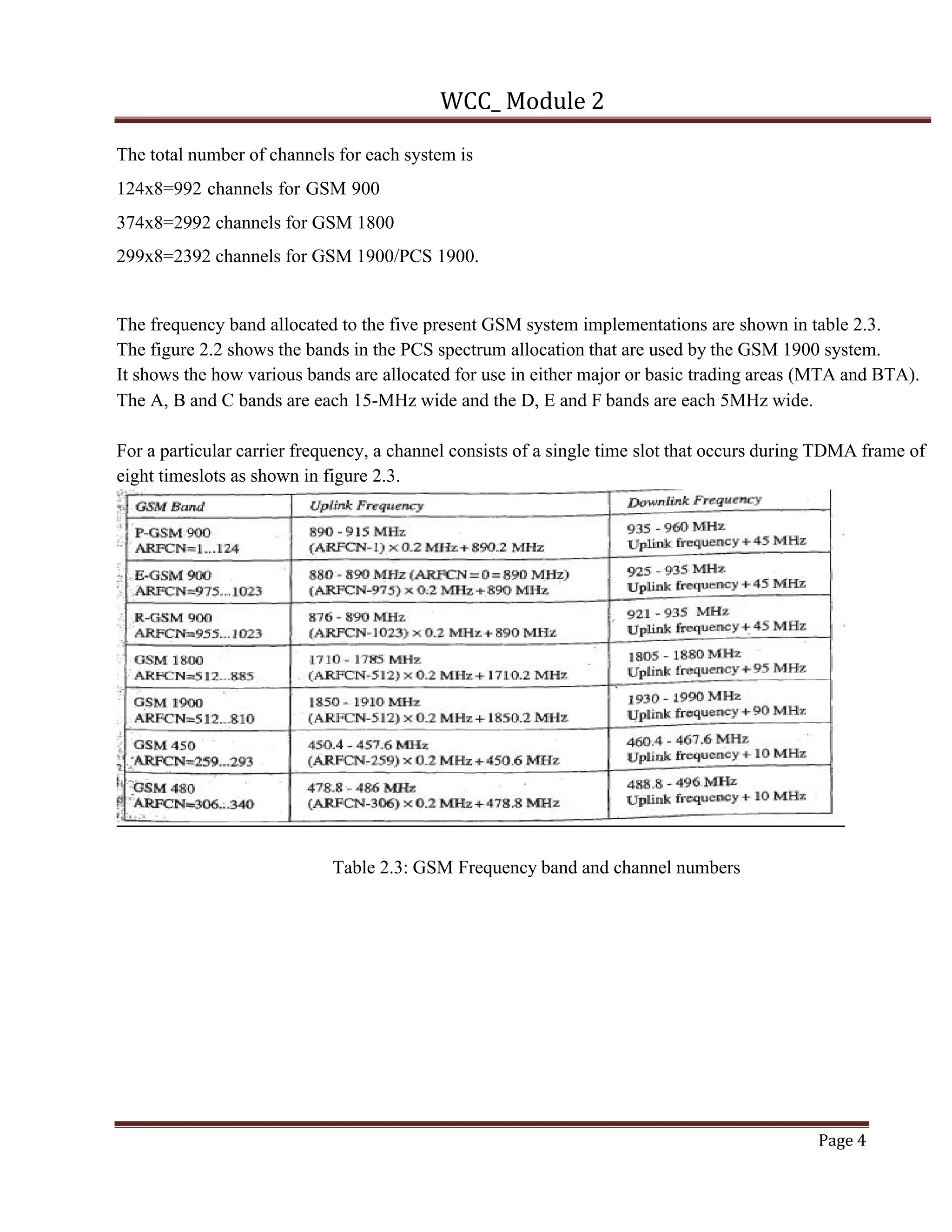 WCC_ Module 2
Page 4
The total number of channels for each system is
124x8=992 channels for GSM 900
374x8=2992 channels for GSM 1800
299x8=2392 channels for GSM 1900/PCS 1900.
The frequency band allocated to the five present GSM system implementations are shown in table 2.3.
The figure 2.2 shows the bands in the PCS spectrum allocation that are used by the GSM 1900 system.
It shows the how various bands are allocated for use in either major or basic trading areas (MTA and BTA).
The A, B and C bands are each 15-MHz wide and the D, E and F bands are each 5MHz wide.
For a particular carrier frequency, a channel consists of a single time slot that occurs during TDMA frame of
eight timeslots as shown in figure 2.3.
Table 2.3: GSM Frequency band and channel numbers
 