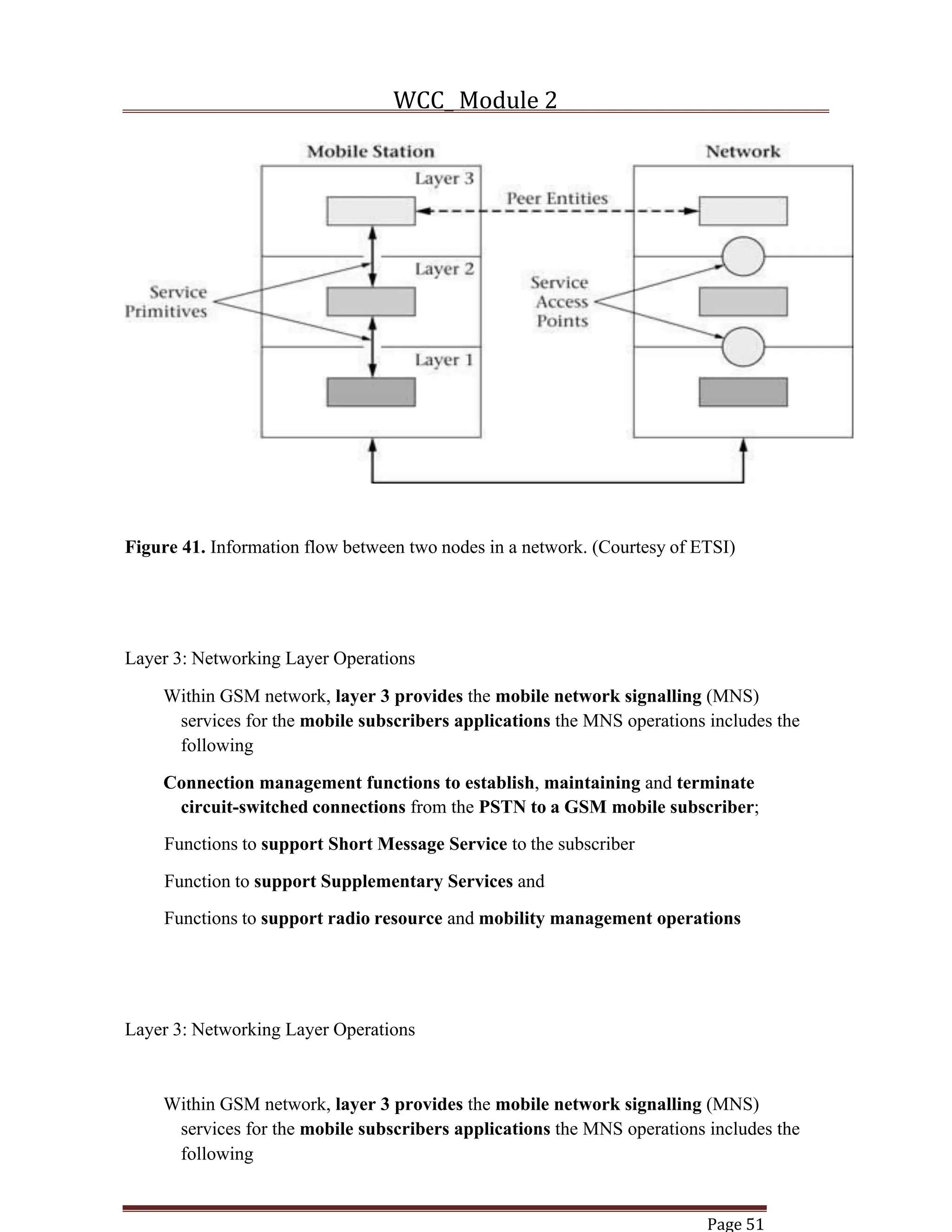 WCC_ Module 2
Page 51
Figure 41. Information flow between two nodes in a network. (Courtesy of ETSI)
Layer 3: Networking Layer Operations
Within GSM network, layer 3 provides the mobile network signalling (MNS)
services for the mobile subscribers applications the MNS operations includes the
following
Connection management functions to establish, maintaining and terminate
circuit-switched connections from the PSTN to a GSM mobile subscriber;
Functions to support Short Message Service to the subscriber
Function to support Supplementary Services and
Functions to support radio resource and mobility management operations
Layer 3: Networking Layer Operations
Within GSM network, layer 3 provides the mobile network signalling (MNS)
services for the mobile subscribers applications the MNS operations includes the
following
 