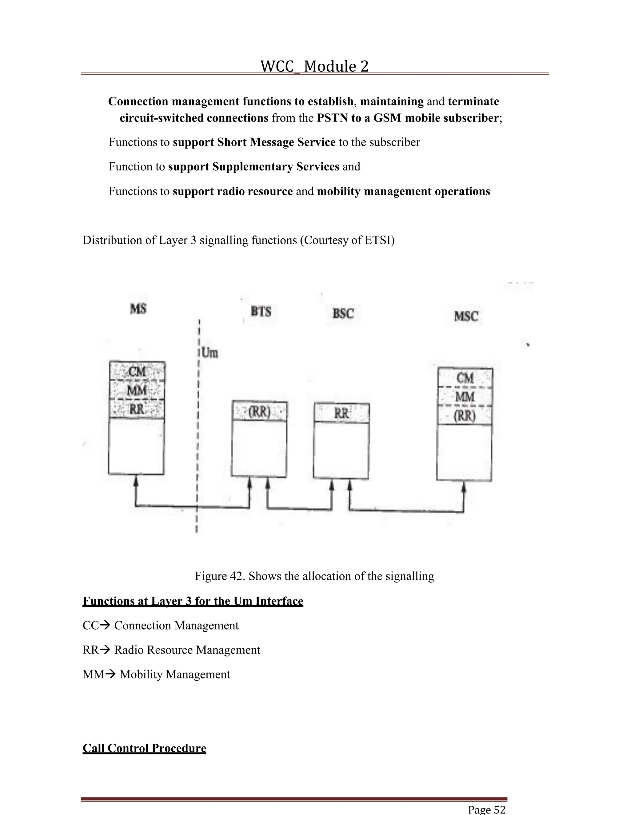 WCC_ Module 2
Page 52
Connection management functions to establish, maintaining and terminate
circuit-switched connections from the PSTN to a GSM mobile subscriber;
Functions to support Short Message Service to the subscriber
Function to support Supplementary Services and
Functions to support radio resource and mobility management operations
Distribution of Layer 3 signalling functions (Courtesy of ETSI)
Figure 42. Shows the allocation of the signalling
Functions at Layer 3 for the Um Interface
CCà Connection Management
RRà Radio Resource Management
MMà Mobility Management
Call Control Procedure
 