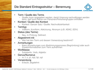 Die Standard Eintragsstruktur – Benennung  Term / Quelle des Terms Quelle muss angegeben werden, damit Ursprung nachvollzogen werden kann, darf auch Name von Personen/Personengruppen enthalten Kontext / Quelle des Kontext Kontext: Ganzer Satz / Quelle: Nachvollziehbarkeit Termtyp Vollform, Kurzform, Abkürzung, Akronym (z.B. ADAC, EDV) Status (des Terms) Neu, In Prüfung, Definiert   Abgestimmt mit Wer hat den Term und dessen Verwendung bestimmt? Anmerkungen Kann Anmerkungen zum Abstimmungsprozess (Begründung) oder auch Zusatzinformationen zum Term aufnehmen Wortklasse Substantiv, Verb, Adjektiv Genus/Numerus m, f, n, pl, mpl, fpl, npl Verwendung Erlaubt, abgelehnt 