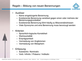 Regeln – Bildung von neuen Benennungen Auslöser Keine eingebürgerte Benennung Existierende Benennung verstösst gegen einen oder mehrere der Benennungsgrundsätze Existierende Benennung führt häufig zu Missverständnissen Viele Synonyme und eine Benennung muss bevorzugt werden Kriterien Sprachlich-logische Korrektheit Wertneutralität Einprägsamkeit Vermeidung von Anglizismen Vermeidung von Metaphern Erfassung Substantiv: Nominativ Verb: Infinitiv / Präsens / Indikativ  