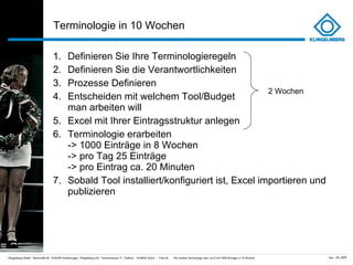 Terminologie in 10 Wochen Definieren Sie Ihre Terminologieregeln Definieren Sie die Verantwortlichkeiten Prozesse Definieren Entscheiden mit welchem Tool/Budget man arbeiten will Excel mit Ihrer Eintragsstruktur anlegen Terminologie erarbeiten -> 1000 Einträge in 8 Wochen  -> pro Tag 25 Einträge -> pro Eintrag ca. 20 Minuten Sobald Tool installiert/konfiguriert ist, Excel importieren und publizieren 2 Wochen 