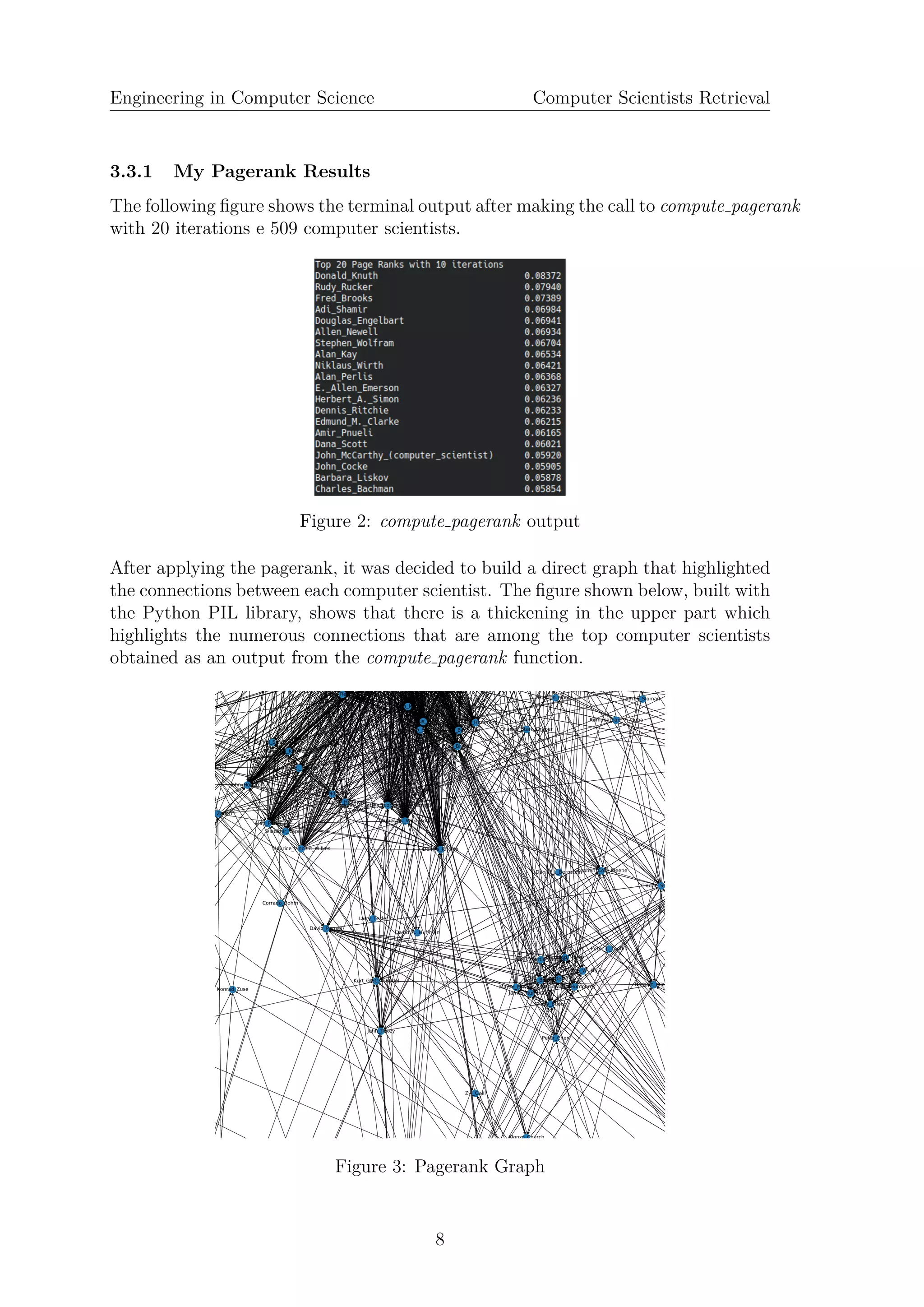 Engineering in Computer Science Computer Scientists Retrieval
3.3.1 My Pagerank Results
The following ﬁgure shows the terminal output after making the call to compute pagerank
with 20 iterations e 509 computer scientists.
Figure 2: compute pagerank output
After applying the pagerank, it was decided to build a direct graph that highlighted
the connections between each computer scientist. The ﬁgure shown below, built with
the Python PIL library, shows that there is a thickening in the upper part which
highlights the numerous connections that are among the top computer scientists
obtained as an output from the compute pagerank function.
Figure 3: Pagerank Graph
8
 