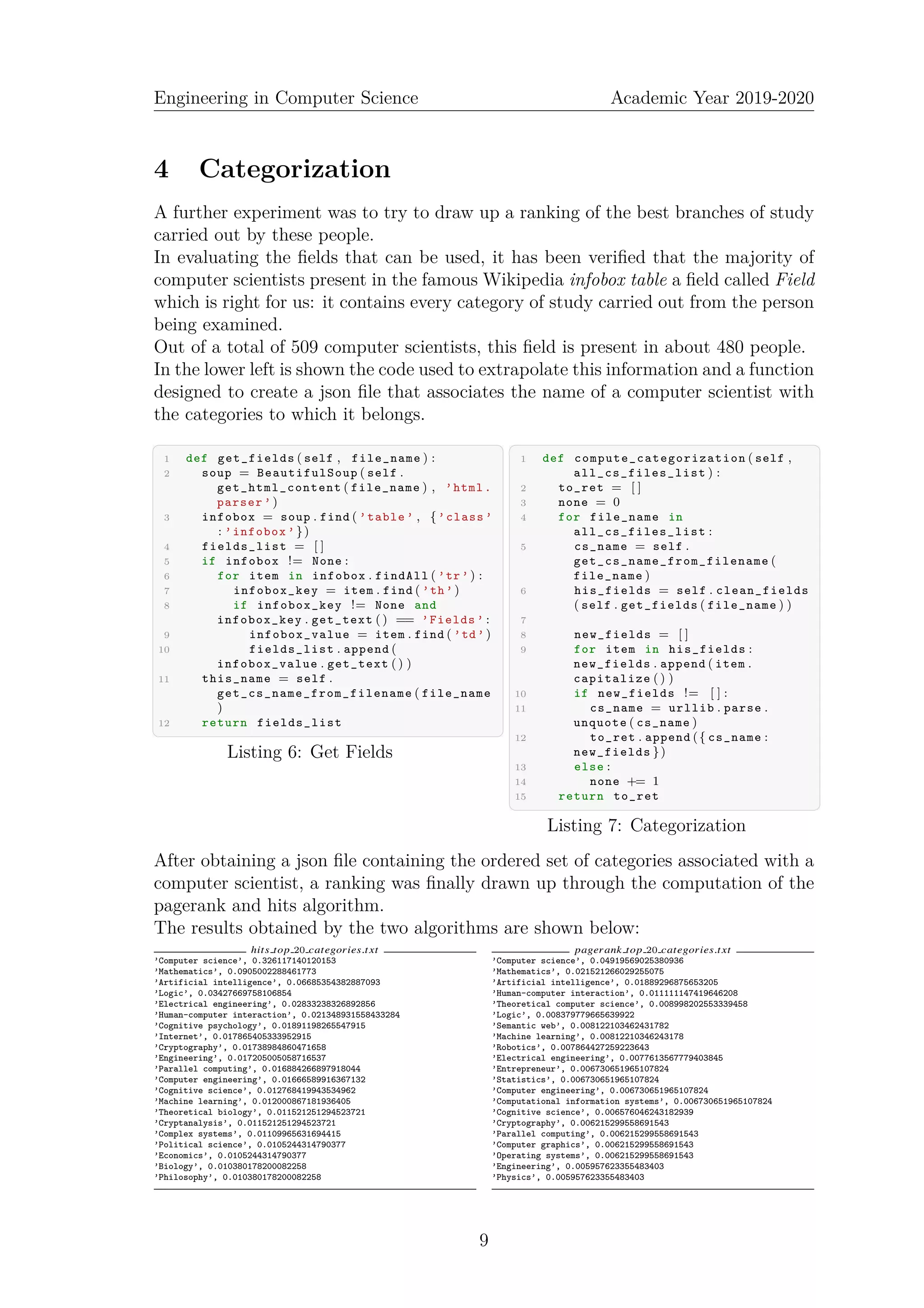 Engineering in Computer Science Academic Year 2019-2020
4 Categorization
A further experiment was to try to draw up a ranking of the best branches of study
carried out by these people.
In evaluating the ﬁelds that can be used, it has been veriﬁed that the majority of
computer scientists present in the famous Wikipedia infobox table a ﬁeld called Field
which is right for us: it contains every category of study carried out from the person
being examined.
Out of a total of 509 computer scientists, this ﬁeld is present in about 480 people.
In the lower left is shown the code used to extrapolate this information and a function
designed to create a json ﬁle that associates the name of a computer scientist with
the categories to which it belongs.
✞ ☎
1 def get_fields ( self , file_name ) :
2 soup = BeautifulSoup ( self .
get_html_content ( file_name ) , ’html.
parser ’)
3 infobox = soup . find ( ’table ’ , {’class ’
: ’infobox ’})
4 fields_list = [ ]
5 if infobox != None :
6 for item in infobox . findAll ( ’tr’) :
7 infobox_key = item . find ( ’th’)
8 if infobox_key != None and
infobox_key . get_text () == ’Fields ’ :
9 infobox_value = item . find ( ’td’)
10 fields_list . append (
infobox_value . get_text () )
11 this_name = self .
get_cs_name_from_filename ( file_name
)
12 return fields_list
✝ ✆
Listing 6: Get Fields
✞ ☎
1 def compute_categorization ( self ,
all_cs_files_list ) :
2 to_ret = [ ]
3 none = 0
4 for file_name in
all_cs_files_list :
5 cs_name = self .
get_cs_name_from_filename (
file_name )
6 his_fields = self . clean_fields
( self . get_fields ( file_name ) )
7
8 new_fields = [ ]
9 for item in his_fields :
new_fields . append ( item .
capitalize () )
10 if new_fields != [ ] :
11 cs_name = urllib . parse .
unquote ( cs_name )
12 to_ret . append ({ cs_name :
new_fields })
13 else :
14 none += 1
15 return to_ret
✝ ✆
Listing 7: Categorization
After obtaining a json ﬁle containing the ordered set of categories associated with a
computer scientist, a ranking was ﬁnally drawn up through the computation of the
pagerank and hits algorithm.
The results obtained by the two algorithms are shown below:
hits top 20 categories.txt
’Computer science’, 0.326117140120153
’Mathematics’, 0.0905002288461773
’Artificial intelligence’, 0.06685354382887093
’Logic’, 0.03427669758106854
’Electrical engineering’, 0.02833238326892856
’Human-computer interaction’, 0.021348931558433284
’Cognitive psychology’, 0.01891198265547915
’Internet’, 0.017865405333952915
’Cryptography’, 0.01738984860471658
’Engineering’, 0.017205005058716537
’Parallel computing’, 0.016884266897918044
’Computer engineering’, 0.01666589916367132
’Cognitive science’, 0.012768419943534962
’Machine learning’, 0.012000867181936405
’Theoretical biology’, 0.011521251294523721
’Cryptanalysis’, 0.011521251294523721
’Complex systems’, 0.01109965631694415
’Political science’, 0.0105244314790377
’Economics’, 0.0105244314790377
’Biology’, 0.010380178200082258
’Philosophy’, 0.010380178200082258
pagerank top 20 categories.txt
’Computer science’, 0.04919569025380936
’Mathematics’, 0.021521266029255075
’Artificial intelligence’, 0.01889296875653205
’Human-computer interaction’, 0.011111147419646208
’Theoretical computer science’, 0.008998202553339458
’Logic’, 0.008379779665639922
’Semantic web’, 0.008122103462431782
’Machine learning’, 0.00812210346243178
’Robotics’, 0.007864427259223643
’Electrical engineering’, 0.0077613567779403845
’Entrepreneur’, 0.006730651965107824
’Statistics’, 0.006730651965107824
’Computer engineering’, 0.006730651965107824
’Computational information systems’, 0.006730651965107824
’Cognitive science’, 0.006576046243182939
’Cryptography’, 0.006215299558691543
’Parallel computing’, 0.006215299558691543
’Computer graphics’, 0.006215299558691543
’Operating systems’, 0.006215299558691543
’Engineering’, 0.005957623355483403
’Physics’, 0.005957623355483403
9
 