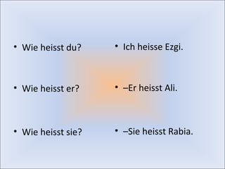 • Wie heisst du? 
• Wie heisst er? 
• Wie heisst sie? 
• Ich heisse Ezgi. 
• –Er heisst Ali. 
• –Sie heisst Rabia. 

