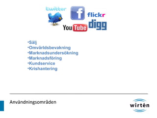 •Sälj
      •Omvärldsbevakning
      •Marknadsundersökning
      •Marknadsföring
      •Kundservice
      •Krishantering




Användningsområden
 
