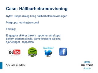 Case: Hållbarhetsredovisning
Syfte: Skapa dialog kring hållbarhetsredovisningen

Målgrupp: ledning/personal

Förslag:

Engagera aktörer bakom rapporten att skapa
bakom scenen känsla, samt fokusera på sina
hjärtefrågor i rapporten.




Sociala medier
 