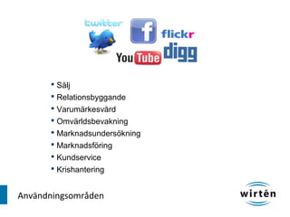  Sälj
       Relationsbyggande
       Varumärkesvård
       Omvärldsbevakning
       Marknadsundersökning
       Marknadsföring
       Kundservice
       Krishantering


Användningsområden
 