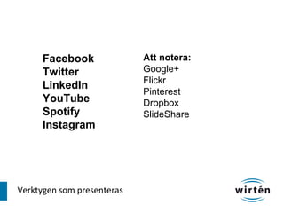 Facebook               Att notera:
     Twitter                Google+
                            Flickr
     LinkedIn
                            Pinterest
     YouTube                Dropbox
     Spotify                SlideShare
     Instagram




Verktygen som presenteras
 