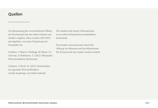 Quellen

Zur Bestimmung der wirtschaftlichen Effekte
der Hochschulen hat der Stifterverband zwei
Studien vergeben. Diese wurden 2012/2013
durchgeführt von einem Projektteam bei
Fraunhofer ISI.
Schubert, T./Baier E./Hufnagl, M./Meyer, N./
Schricke, E./Stahlecker, T. (2012): Metastudie
Wirtschaftsfaktor Hochschule

Die Studien und weitere Informationen:
www.stifterverband.de/wirtschaftsfaktorhochschule
Das Projekt wird unterstützt durch die
Stiftung van Meeteren und das Ministerium
für Wissenschaft des Landes Sachsen-Anhalt.

Schubert, T./Kroll, H. (2013): Hochschulen
als regionaler Wirtschaftsfaktor
(Studie beauftragt vom Stifterverband)

Stifterverband | Wirtschaftsfaktor Hochschule | Quellen

– 42 –

 