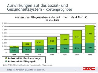 Auswirkungen auf das Sozial- und
Gesundheitssystem - Kostenprognose
Kosten des Pflegesystems derzeit: mehr als 4 Mrd. €

9

 