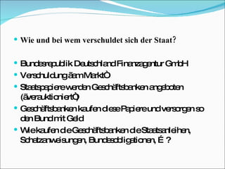 Wie und bei wem verschuldet sich der Staat? Bundesrepublik Deutschland Finanzagentur GmbH Verschuldung „am Markt“ Staatspapiere werden Geschäftsbanken angeboten („verauktioniert“) Geschäftsbanken kaufen diese Papiere und versorgen so den Bund mit Geld Wie kaufen die Geschäftsbanken die Staatsanleihen, Schatzanweisungen, Bundesobligationen, …? 