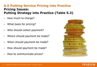© Pearson Education South Asia Pte Ltd 2013. All rights reserved
31
6.5 Putting Service Pricing into Practice
Pricing Issues:
Putting Strategy into Practice (Table 5.3)
• How much to charge?
• What basis for pricing?
• Who should collect payment?
• Where should payment be made?
• When should payment be made?
• How should payment be made?
• How to communicate prices?
 