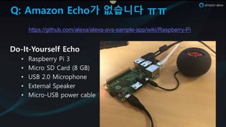Q: Amazon Echo가 없습니다 ㅠㅠ
Do-It-Yourself Echo
• CIsWJMrry AP 3
• MPKrV D5 4IrL . 83!
• FD3 ).0 MPKrVWOVUM
• 6xtMrUIS DWMIRMr
• MPKrV-FD3 WVwMr KIJSM
https://github.com/alexa/alexa-avs-sample-app/wiki/Raspberry-Pi
 