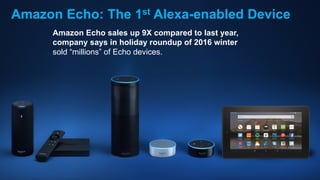 Amazon Echo: The 1st Alexa-enabled Device
Amazon Echo sales up 9X compared to last year,
company says in holiday roundup of 2016 winter
sold “millions” of Echo devices.
 