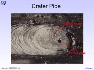 M.S.Rogers
Copyright © 2003 TWI Ltd
Crater Pipe
Crater pipe
Weld crater
 